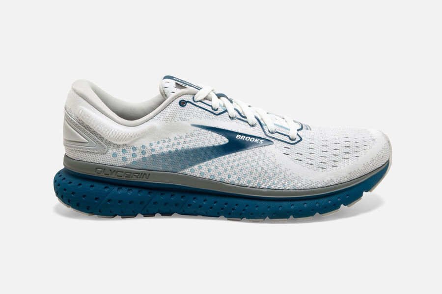 Mens Brooks Glycerin 18 Road Shoes White/Grey/Poseidon | Shoes 1658-XWSBV